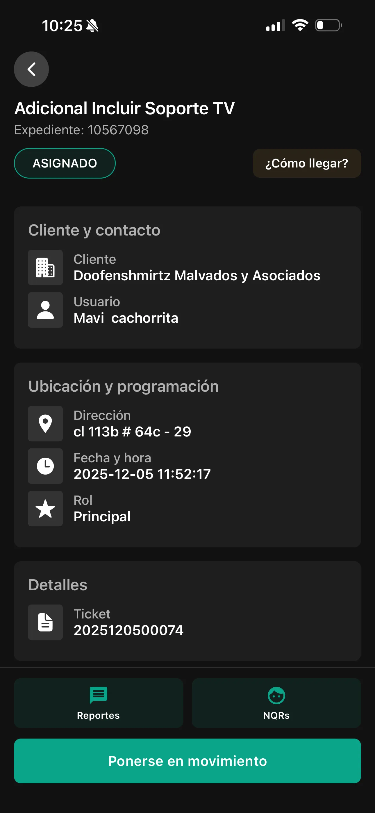 Detalle del servicio en la app del técnico