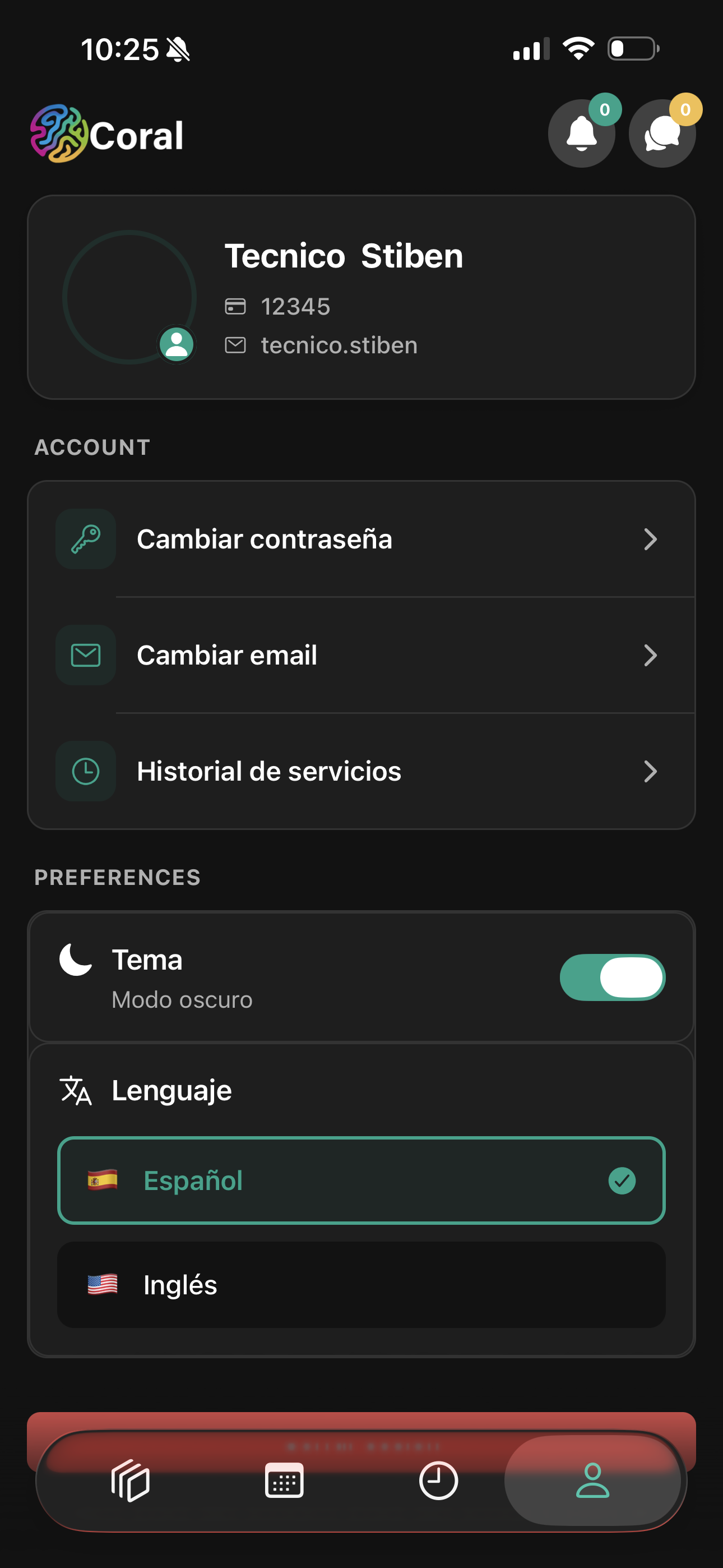 Historial y solicitudes desde el perfil