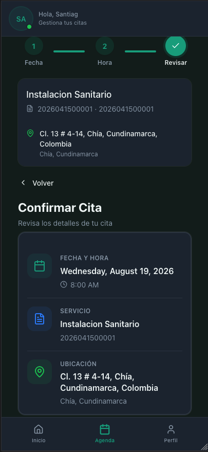 Confirmación de cita, con fecha, servicio y ubicación