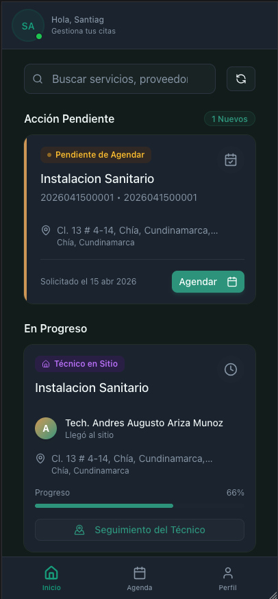 Inicio del portal: acción pendiente y seguimiento del técnico