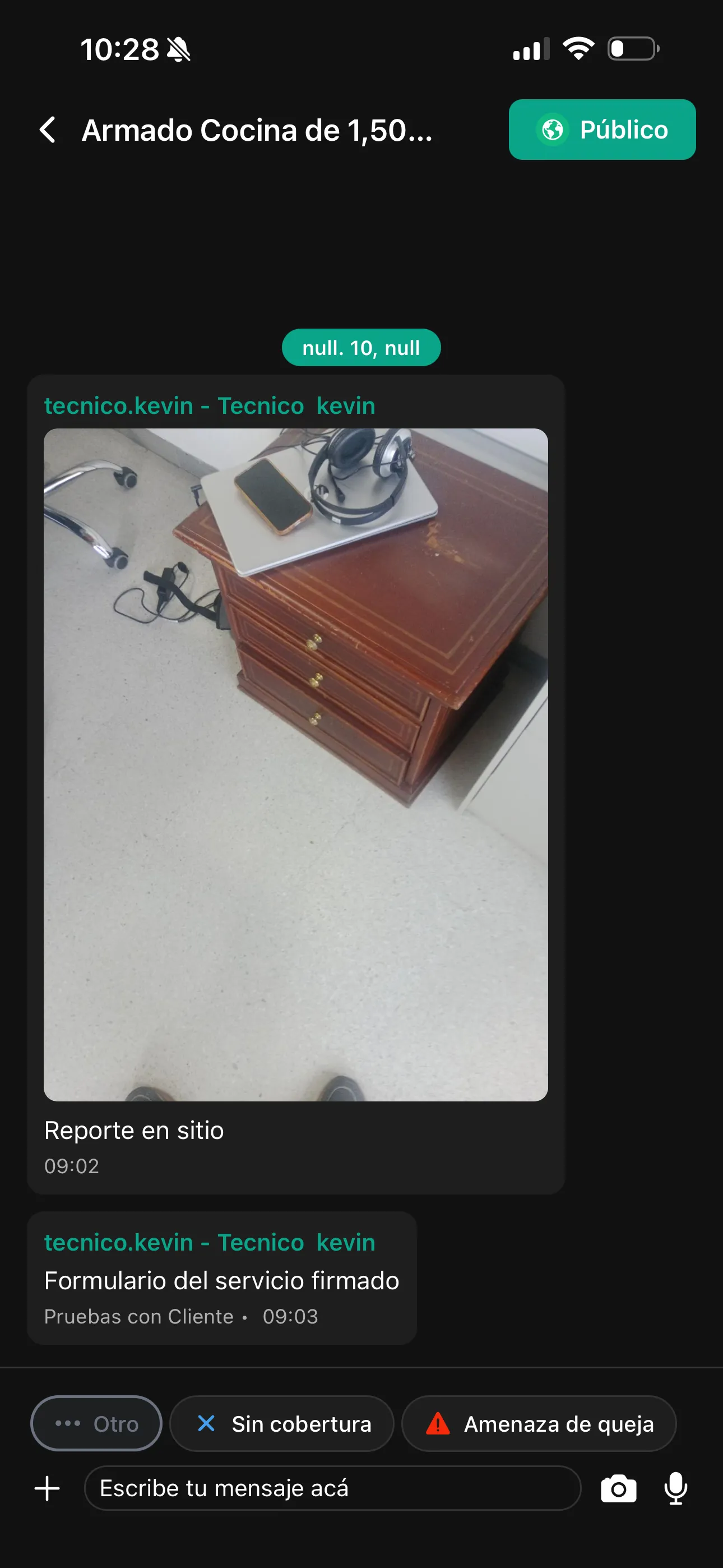 Reporte en sitio, en el hilo del servicio